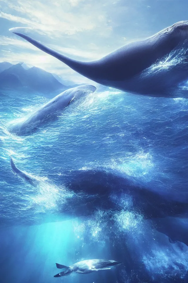 Image similar to under the blue ocean there is a blue whale in the water, the blue whale crystal texture, the dreamy crystal atmosphere ， super wide angle ， matte painting ， rtx on ， trending on cgsociety and artstation, volumetric light ， hyper - realism