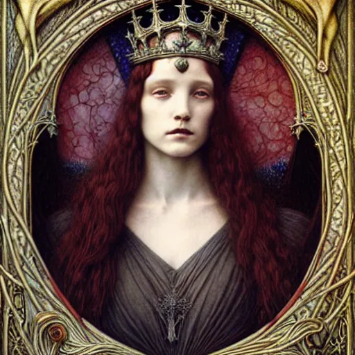 Image similar to detailed realistic beautiful young medieval queen face portrait by jean delville, tom bagshaw, brooke shaden, gustave dore and marco mazzoni, art nouveau, symbolist, visionary, gothic, pre - raphaelite, ornate gilded medieval icon, surreality, ethereal, unearthly, haunting, celestial, neo - gothic, ghostly, memento mori, enigmatic, spectral