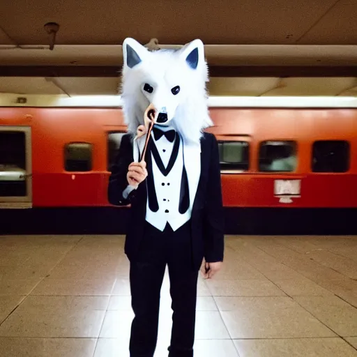 Image similar to a man in a tux wearing a white wolf mask playing the violin at a dirty metro station, unnerving, creepy, terrifying, dark, at night