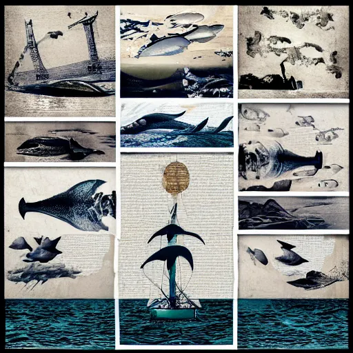 Prompt: collage made of large silhouettes, ocean theme, dramatic typography, museum of modern art, museum of contemporary art, auction, record - setting, detailed, photorealistic