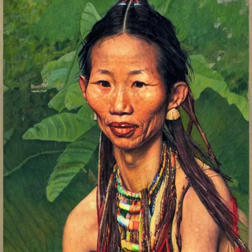 Prompt: high quality high detail painting by norman rockwell, hd, a skinny beautiful kayan female tribe leader, hair in wind, photorealistic lighting