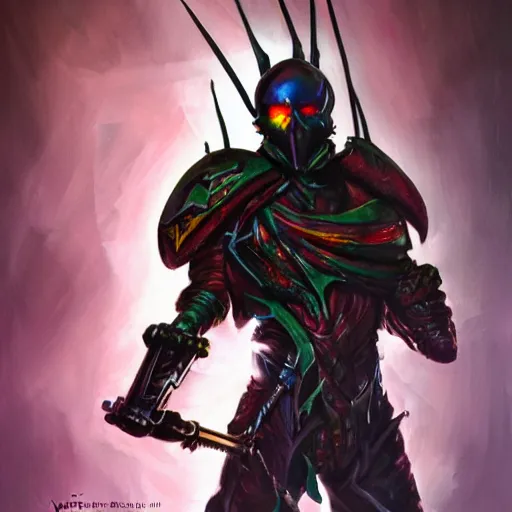 Prompt: Bright, colorful, realistic dark gritty individual warhammer 40 Dark eldar full body and head shot backlighting, kodachrome, high contrast, highly detailed, sharp focus, digital painting, concept art, illustration, trending on artstation, comic book by Alex Ross cover art