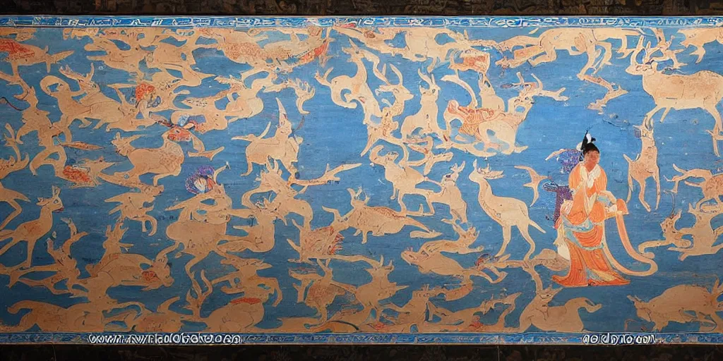 Image similar to beautiful dunhuang murals, blue, white deer