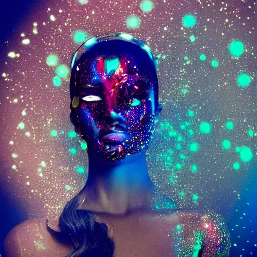 Prompt: portrait of a beautiful futuristic woman layered with high-tech jewelry wrapping around her face and head, golden-silver light with tiny blue, gold, and red gems scattered like dust