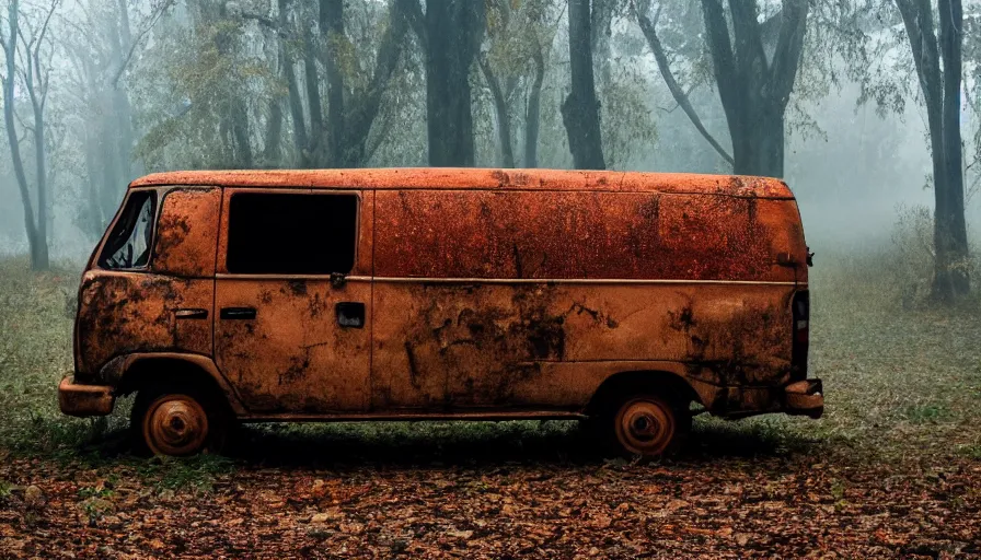 Prompt: a Old rusty van left in a foggy scary forest with leaves falling out of trees, 4k photography award winning,