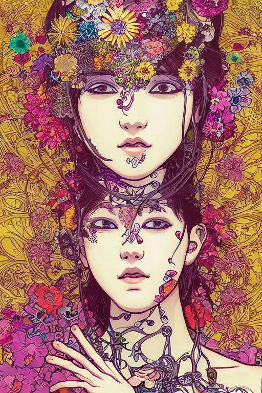 Image similar to beautiful floralpunk cyborg portrait girl female illustration detailed patterns art of bali traditional dress, flower pop art, floral splash painting, art by geof darrow, ashley wood, alphonse mucha, makoto shinkai