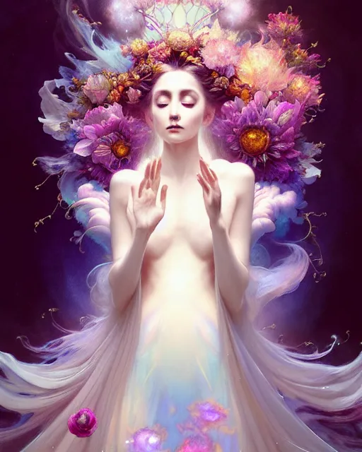 Image similar to Full View ultrarealistic Portrait ethereal fantasy deity wearing beautiful gown, rising in the air levitating, flowers, calm, 4k digital masterpiece by Anna Dittman and Alberto Seveso Ruan Jia, rossdraws, artgerm and greg rutkowski and alphonse mucha and loish and WLOP, fantasycore, Hyperdetailed, fractals, scribble art, realistic digital painting, atmospheric, fireflies, soft lighting, featured on Artstation