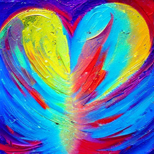 Image similar to you make me feel like dancing dance. spread wings. heart. flight. colorful. beautiful. impasto. texture