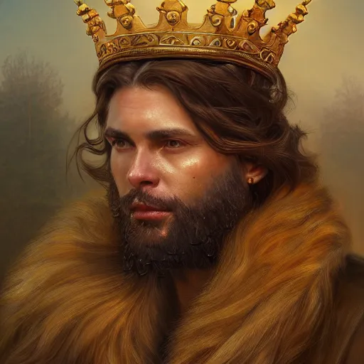 Image similar to portrait of an king, brown long hair, beard, eye scar, golden crown, digital painting, artstation, concept art, donato giancola, Joseph Christian Leyendecker, WLOP, Boris Vallejo, Breathtaking, 8k resolution, extremely detailed, beautiful, establishing shot, artistic, hyperrealistic, beautiful face, octane render, cinematic lighting, dramatic lighting, masterpiece