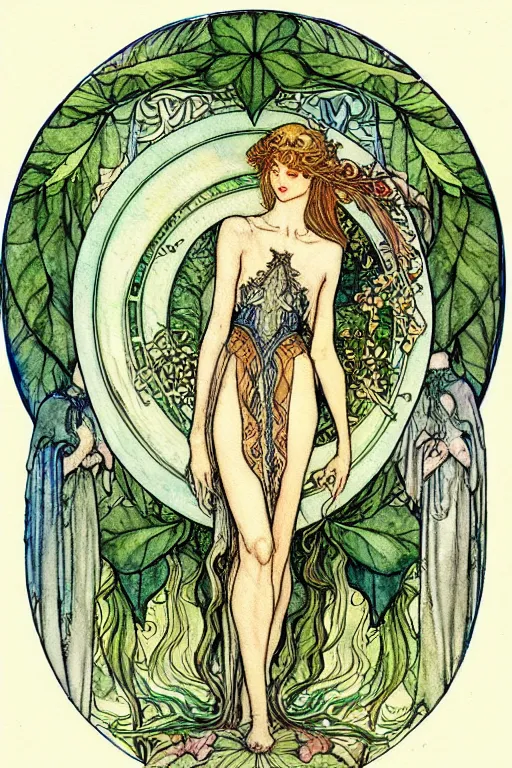 Prompt: elven art nouveau goblet of win watercolor painting in the center of a circular frame of leaves, art by walter crane and arthur rackham, illustration style, watercolor