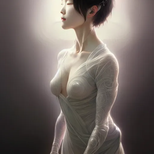 Image similar to ultra realistic illustration, a japanese female digital ghost, transparent, static, intricate, elegant, highly detailed, digital painting, artstation, concept art, smooth, sharp focus, illustration, art by artgerm and greg rutkowski and alphonse mucha