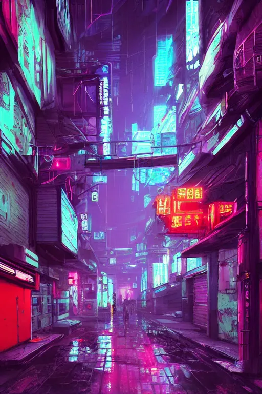 Image similar to street view of a cyberpunk alley, in the style of Blade Runner, rainy weather, neon lighting, vaporwave, retro wave, synthwave, highly detailed, digital painting, concept art, illustration, artstation, Roger Deakin's cinematography, Liam Wong, photo-realistic, 8k