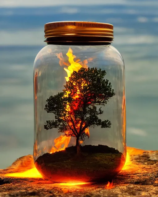 Prompt: glass jar with a tree on fire inside, standing on a cliff, bokeh, ocean in the background, metal lid, dramatic lighting, hyperrealistic, highly detailed, sharp focus