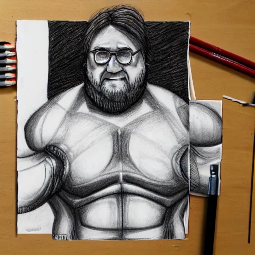 Image similar to highly detailed pencil sketch of a muscular Gabe Newell