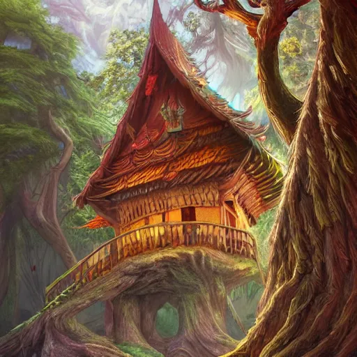 Prompt: a wooden palace growing from a tree, wild colors, intricate, highly detailed, digital painting, artstation, concept art, smooth, sharp focus, illustration, art by john avon, Lucas Graciano, Sarah Finnigan