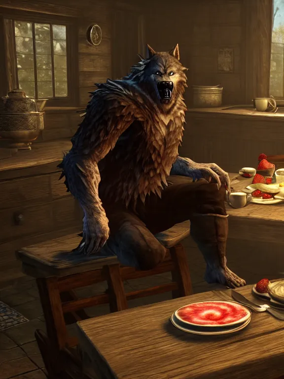 Image similar to cute handsome cuddly burly surly relaxed calm timid werewolf from van helsing sitting down at the breakfast table in the kitchen of a normal country home cooking having fun lighthearted whimsy baking strawberry tart cakes unreal engine hyperreallistic render 8k character concept art masterpiece screenshot from the video game the Elder Scrolls V: Skyrim