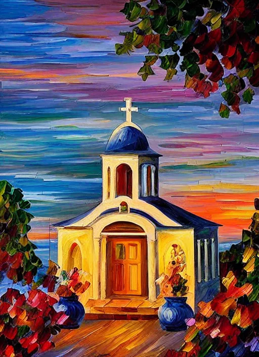 Prompt: beautiful seaside greek chapel surrounded by a village at sunset in the style of leonid afremov