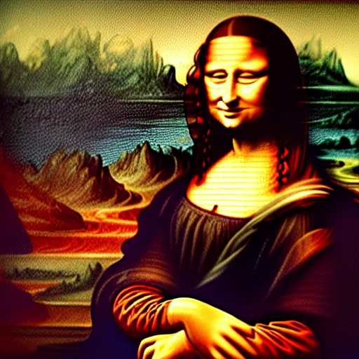 Prompt: painting of mona lisa, she has glow sticks and colorful clothes, neon lights, rave, painting by leonardo da vinci,