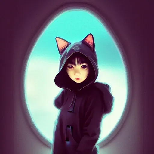 Prompt: very small little girl in a cat - hoodie by ross tran, looking glass by sana takeda, rtx reflections, very high intricate details, digital anime art by artgerm, medium shot, mid - shot, composition by ilya kuvshinov, lighting by greg rutkowski