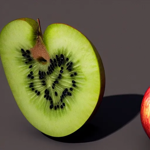 Prompt: half apple half kiwi hybrid, artstation, photorealistic, trending, hd, 4k, 8k