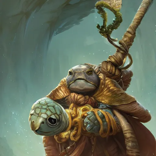 Image similar to cute wise sage turtle holding a staff, wearing a cloak, subsurface scattering, by jesper ejsing, justin gerard, tomasz alen kopera, cgsociety and fenghua zhong, highly detailed, rim light, cinematic lighting, illustration, art, octane render, very coherent, cinematic, hyper realism, high detail, octane render, 8 k