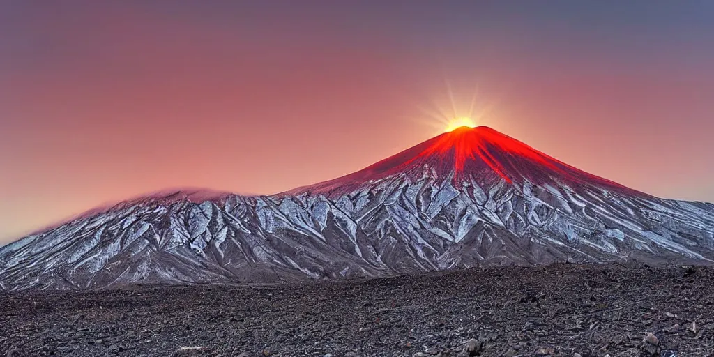 Image similar to damavand mountain in the morning with an orange sun in sky, national geography photo, professional photography