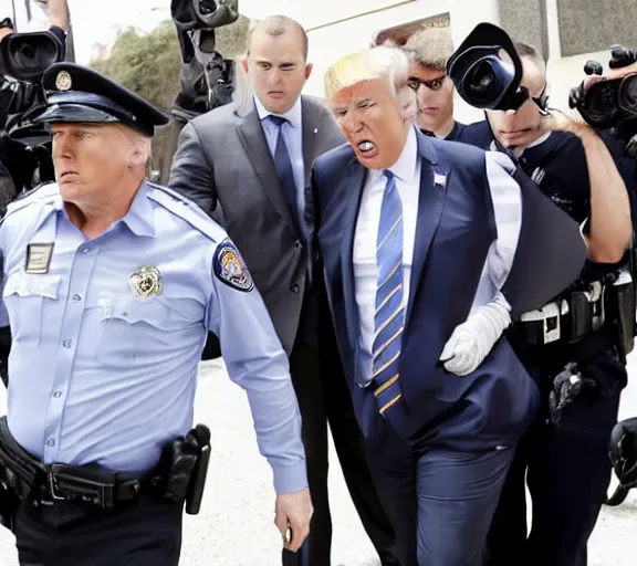 Image similar to Candid photo of Donald Trump being arrested by three FBI agents, Reuters, AP Press photo, long lens, sony a7s camera, 4K