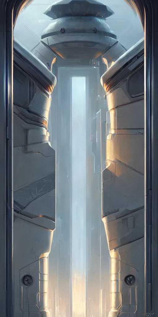 Image similar to hyper realistic art - deco sci - fi double door by jordan grimmer, darek zabrocki