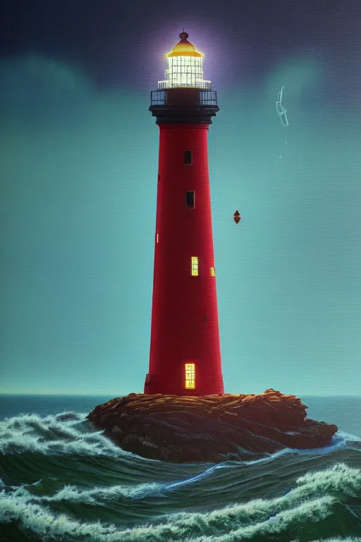 Prompt: a lighthouse in a redwood solar punk vision, overlooking an ocean, choppy waves, oil on canvas by klaus burgle, simon stalenhag, ultra - realistic 3 d depth shading