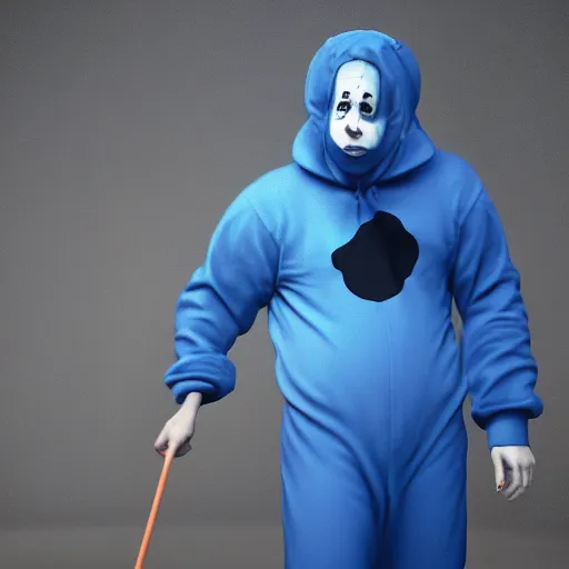 Prompt: A cry clown wearing a blue onesie, painting, realistic, cinematic lighting, vignette