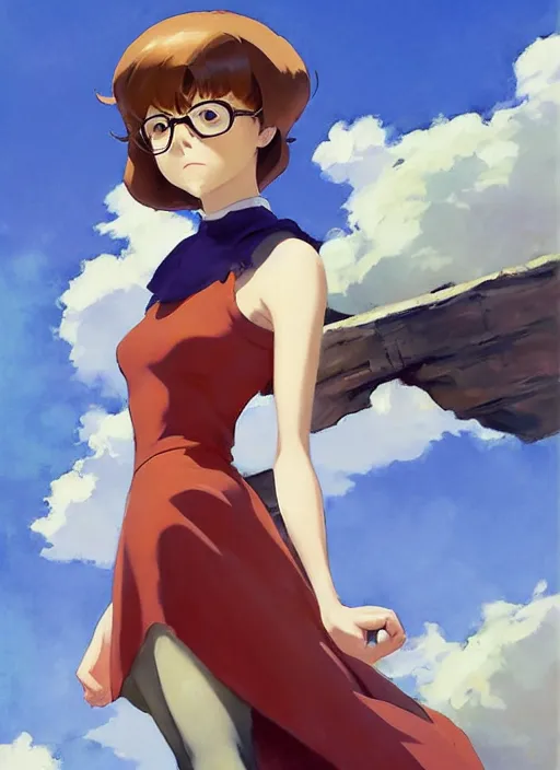 Image similar to Greg Manchess ainting of Velma Dinkley in the style of Violet Evergarden, anime style, winged eyelashes, countryside, calm, fantasy character portrait, dark outlines, dynamic pose, above view, sunny day, artwork by Makoto Shinkai, very coherent asymmetrical artwork, sharp edges, perfect face, simple form, 100mm