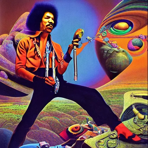 Prompt: colour portrait masterpiece photography of jimi hendrix full body shot by annie leibovitz, ultrawide angle, moebius, josh kirby, weird epic biomorphic mandlebulb scifi landscape in background by roger dean and syd mead and killian eng and james jean and giger and beksinski, greg hildebrandt, 8 k