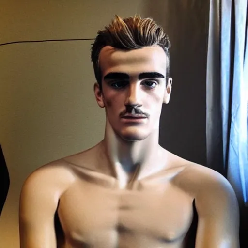 Image similar to “ a realistic detailed photo of a guy who is an attractive humanoid who is half robot and half humanoid, who is a male android, soccer player antoine griezmann, shiny skin, posing like a statue, blank stare, on the bed, on display ”