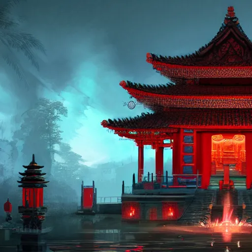 Image similar to a beautiful red asian temple with green details surrounded by torches of blue goblin fire, digital art, 4 k, trending on artstation, devianart and cgsociety