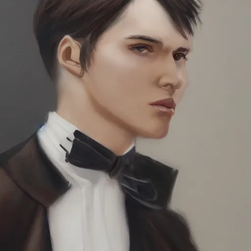 Image similar to a white teen with black short hair and dark brown eyes wearing a formal overcoat, hyperrealistic, high quality, high detail, 8k, trending on artstation