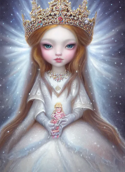 Prompt: highly detailed closeup portrait of a snow, ice princess wearing a crown and sitting on a throne, nicoletta ceccoli, mark ryden, lostfish, earl nore, global illumination, god rays, detailed and intricate environment