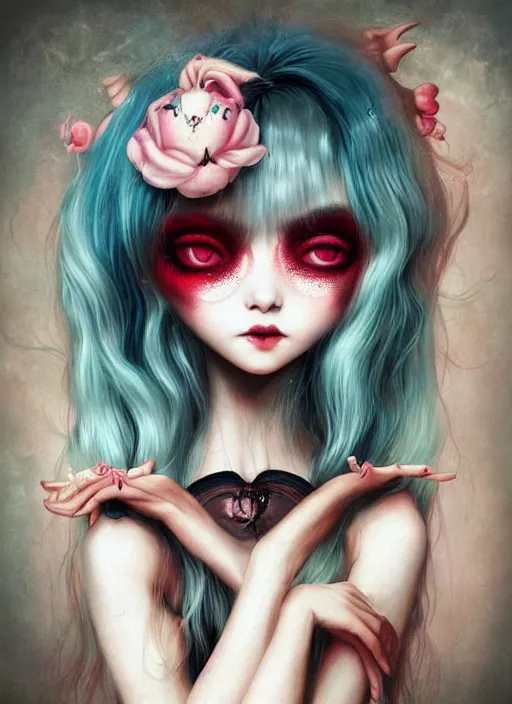 Image similar to ! dream pop surrealism, lowbrow art, realistic anime cute alice girl painting, japanese street fashion, hyper realism, muted colours, rococo, natalie shau, loreta lux, tom bagshaw, mark ryden, trevor brown style,
