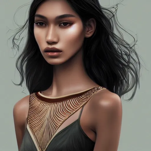 Prompt: indonesian Supermodel, olive skin, long dark hair, beautiful bone structure, intricate, elegant, highly detailed, digital painting, artstation, concept art, smooth, sharp focus, illustration, art Chuck Close