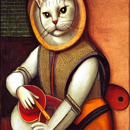 Image similar to cat with lute, medieval portrait, colorful, medium shot