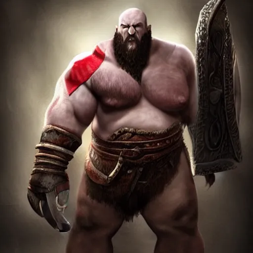 Image similar to morbidly obese god of war has like ten chins