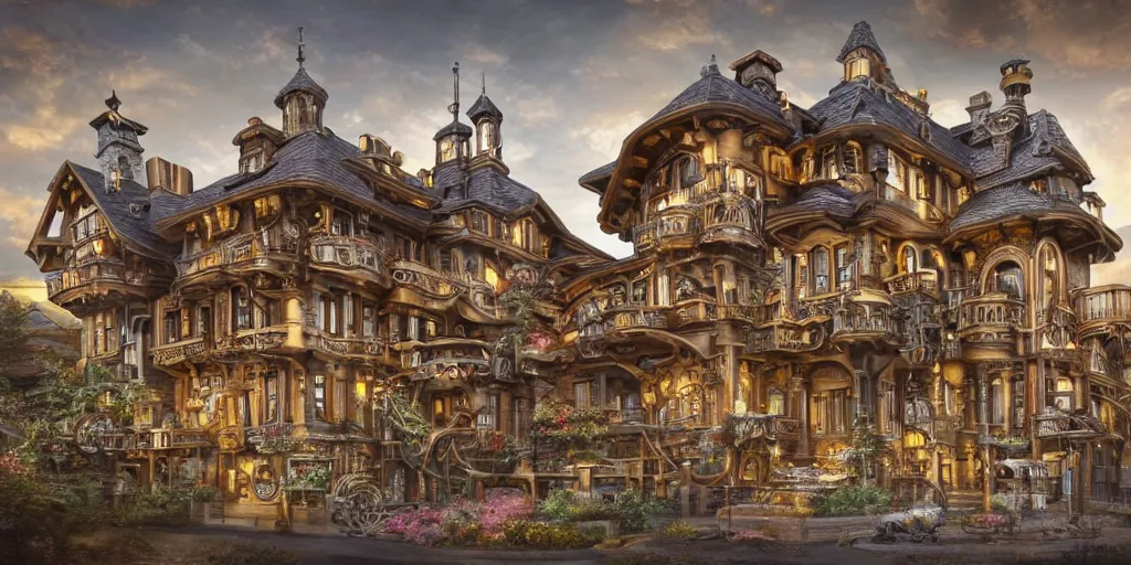 Prompt: Beautiful steampunk Swiss chalet with a large clock, cogs, gears, gearwheels, levers, jewels, shiny silver, shiny gold, architectural render, futuresynth, by Gabriel Dawe, by Skottie Young, by Jessica Rossier, by Isaac Cordal, Rolex, Breitling, Jacob & Co, Omega, Tag Heur