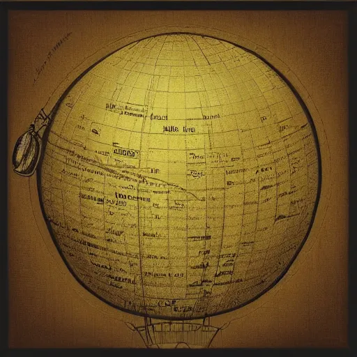 Prompt: “an old yellowed etch on canvas of a hot air balloon floating between the clouds, the balloon fabric is a spherical world map. Jules vernes, steampunk style, sepia and yellow paper”