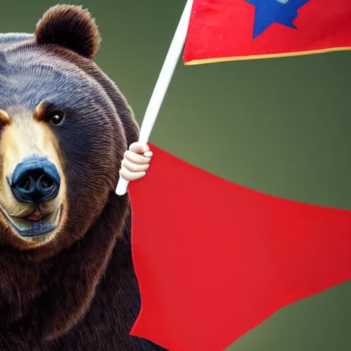 Image similar to a portrait of a socialist comrade bear in a military uniform waving a red flag