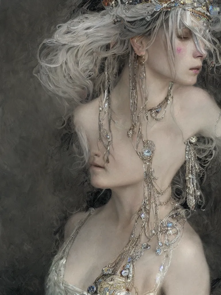 Image similar to a highly detailed beautiful white haired woman, adorned with precious stones, intricate line drawings by jeremy mann and alphonse mucha, 8 k resolution, trending on artstation, very very detailed, masterpiece, stunning,