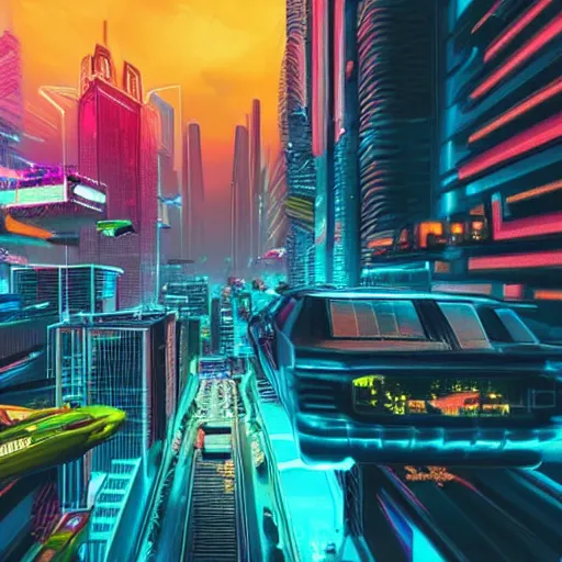 Image similar to a futuristic neon city, flying cars, cyberpunk city, realistic lighting