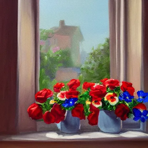 Image similar to A painting of a windowsill with flowers. Red roses. Blue Violas. The natural light from the window would be shining in on the scene. Trending on artstation