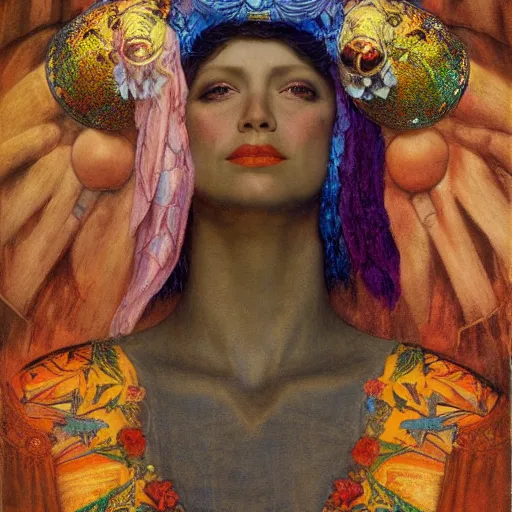 Image similar to goddess of the lost city, by Annie Swynnerton and Diego Rivera and Tino Rodriguez and Maxfield Parrish, elaborate headdress and embroidered velvet, iridescent beetles, rich color, dramatic cinematic lighting, extremely detailed