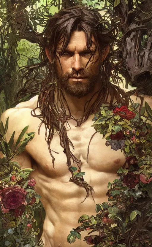 Image similar to god of the forest, 3 0 years old, rugged, male, gorgeous, detailed face, amazing, thighs!!!!!!, flowers, muscular, intricate, highly detailed, digital painting, artstation, concept art, sharp focus, illustration, art by greg rutkowski and alphonse mucha