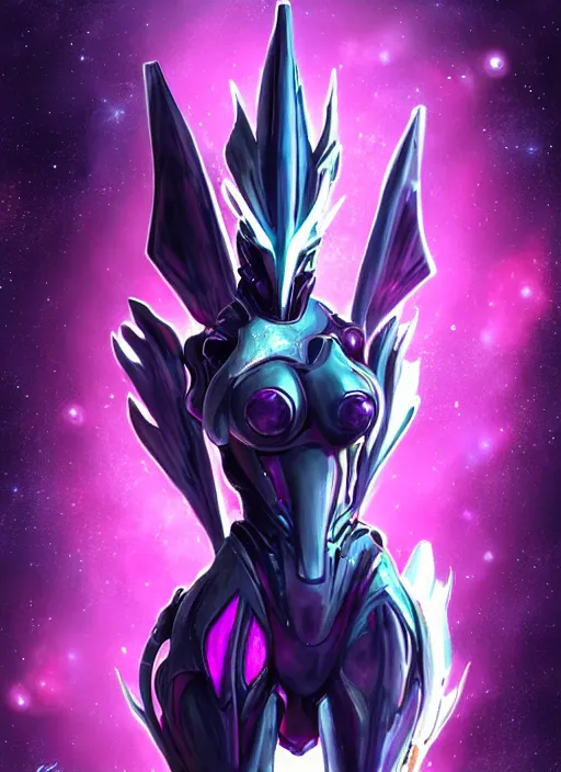 Image similar to cinematic bust shot, cosmic beautiful stunning giant robot mecha hot female dragon goddess, sharp spines, sharp metal ears, smooth purple eyes, smooth fuschia skin, elegant smooth silver armor, nebula size, epic proportions, epic scale, macro furry, furry art, dragon art, goddess art, giantess art, warframe, warframe fanart, furaffinity, octane