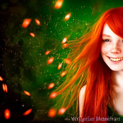 Image similar to portrait of a red haired girl softly smiling among fireflies, with long hair, green eyes, round face, hint of freckles, her head is tilted and she loves the wonderful lights colorful hyper realistic art